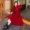 エスニック服2023中国の秋の冬の改善チョンサムドレス女性ポロカラーレッドヴィンテージスカートスプリングフェスティバルハンフ