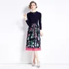 Spring Fall Elegant Print Fit Pleated Dress Long Sleeve Woman 디자이너 O-Neck Slim Knitted Patchwork 캐주얼 휴가 Midi Dressess 2024 Sweet Chic Runway Ballgown