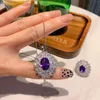 Halsband örhängen set bankett bröllop brud smycken lavendel lila full zirkonhänge stud justerbara ringkvinnor