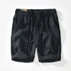 Shorts Masculinos Verão Listrado Branco Lace-up Cintura Elástica Rami Calças Algodão Solto Reto Cinco Quartos