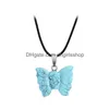 Pendant Necklaces Crystal Stone Butterfly Necklace Hand Carved Natural Gemstone Ladies Party Fashion Accessories Whit Chains Drop De Dhw94