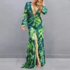 Casual Dresses Fall Spring Dress Elegant Floral Print Maxi med Deep V Neck High Split Hem For Women's Evening Party Banquet a