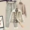 Winter Lamm Plüsch Fell Integrierte Pellet Fleece Mantel Pullover Casual Hosen Drei Stück Elegante Damen Set 231229