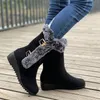 Botas femininas cunha meia panturrilha neve casual fivela de metal forro de lã botas sapatos