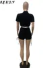 Skirts Akaily Summer Streetwear 2 Two Peice Set Outfits Women 2022 Bandage Short Sleeve Crop Top Bodycon Shorts Black Matching Sets