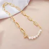 Choker ALLME Trendy 14K Real Gold Plated Copper Irregular Freshwater Pearl Hollow Link Paperclip Chain For Women