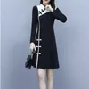 Etnik Giyim Siyah 2023 İnce Qipao Kadınlar Uzun Kollu Çin Elbise Hanfu Cheongsam Vintage Robe Oriental Geleneksel Vestido Chino