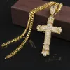 Novo retro prata cruz charme pingente completo gelo fora cz simulado diamantes crucifixo católico pingente colar com longa corrente cubana g3427