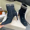 JC Jimmynessity Choo High Quality Shoes Boots Designer Head Luxury Square Fashion Sexy Genuine Leather Pearl Upper Drill Chain Boots Stiletto Heels Sheep Lining Ank