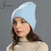 Jaxmonoy Winter Beanie Hat for Women long Rabbit hairDouble Leaer暖かい秋のカジュアルソリッドカラースカリーキャップボンネット231229