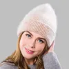 Kvinnor Vinter varma hattar Angora Rabbit Hair Sticke Beanie Girls Fashion Double Layer Manschett Trendig Skull Cap 231229