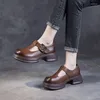 Sapatos de vestido T-Strap Fivela Mulheres Bombas Primavera Verão Estilo Retro Couro Genuíno Dedo Do Pé Alto Salto Alto Escritório Mulher Trabalhando