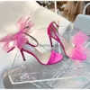 JC Jimmynessity Choo high quality rose shoes 2023r pink high-heeled sandals vamp heel cross big bow fluorescent vamp open toes strap shoe box size 35