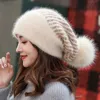 Women Autumn Winter Rabbit Fur Blend Beanie Pompom Fur Knitted Hat Fashion Sweet Warm Earflap Cap Elasric Outdoors Skullcap 231229