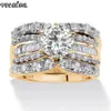 Vecalon 3-i-1 Vintage Lovers Ring 925 Sterling Silver Diamonds CZ Party Wedding Band Rings for Women Men Jewelry239V