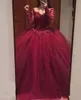 Quinceanera Dresses Dark Red Party Prom Ball Gown Tulle Applique Custom Plus Size Zipper Lace Up New V-Neck Long Sleeve Beaded