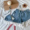 Women's Tracksuits Summer Sweet Lolita Style Denim Shorts Sets Girls Sexy Lace Bandage Camisole Crop Tops Ruffles Jeans Short Pants Women