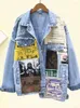 Jaquetas femininas vintage manga cheia apliques spaper padrão tamanho grande preto denim jaqueta lazer tendência casaco 2023 outono jeans