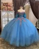 Quinceanera klänningar ljusblå fest prom boll klänning tyll anpassad plus size blixtlås snörning upp ny pärlstav vestido de för söt 15 älskling paljett paljett