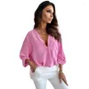 Blusas femininas 2023 outono moda versátil casual versão solta tamanho grande elegante semiaberto com decote em v camisa de manga de rolo topo