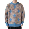 Herrtröjor män kontraster färg tröja geometriskt tryck stickat med o hals långa ärmar tjock varm elastisk fall för streetwear