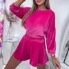 Dress Fashion Solid Color Elastic Waist Suit New Autumn Casual Velvet Long Sleeve Crop Tops Shorts Two Piece Set 2022 Women's Homewear