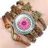 Bangle Adults For Women Girls Handmade Mandala Flower Brand Jewelry With Glass Cabochon Multilayer Brown Leather Bracelet