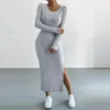 Casual Dresses Fall Winter Ribbed Knit Bodycon Long Dress Women Sleeve Side Slit Sweater Female Clothing Elegant Party Vestid