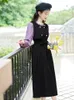 Casual klänningar franska hepburn svart långärmad för kvinnor faller lila lapptäcke mode vestidos koreansk en bit snörning klänning