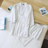 Homens sleepwear quimono pijamas de manga curta shorts verão masculino solto simples algodão listrado suor vapor terno moda aconchegante pijama homme