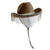 Береты Элегантная ковбойская шляпа для свадебного душа Белый девичник с мерцающими кисточками и широкими полями 57BD