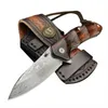 Outdoor Red sandalwood handle Pocket Knife Folding Damascus Steel Blade Camping EDC Knives with Sheath