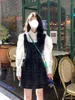 Vestidos de trabajo Universidad coreana Polo Cuello Camisa Correa Vestido a cuadros Conjunto de dos piezas Moda para mujer Mangas de burbuja lindas Temperamento Traje de otoño delgado