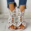 Gladiator Sandals Women Hollow Vintage Out Lace Up Low Heel Wedges Summer Shoes for Woman Open Toe Z 32