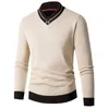 Suéteres para hombres Suéter con bloques de color Acogedor cuello en V con calidez de punto grueso Ajuste delgado Color de contraste Térmico de longitud media para otoño