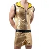 Herrspårar Mens Gold Shiny Tight Leather Tank Tops Boxer Briefs Shorts Clubwear Set Suit Nightclub Stage Party Jackets Costume