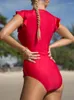 Women's Swimwear Vintage Zipper One Piece Swimsuit Women Solid Sexy Ruffle Sport High Cut Monokini 2023