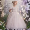 Robes de fille rose clair Applique Tulle perles robe à fleurs pour mariage à manches courtes enfant première fête d'anniversaire eucharistique