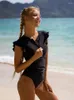 Women's Swimwear Vintage Zipper One Piece Swimsuit Women Solid Sexy Ruffle Sport High Cut Monokini 2023