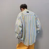 Männer Casual Hemden 2023 Frühling und Herbst Mode Marke Retro Kontrast Gelb Blau Vertikale Streifen Lose Entspannt Schulterfrei Langarm