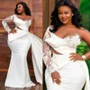 Plus Size Aso Ebi Prom Dresses Mermaid Ivory One Shoulder Long Sleeves Lace Beaded Elegant Evening Dresses for Black Women Engagement Gowns Special Occasions AM305