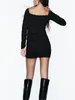 Casual Dresses Black Women's Sexy Mini Tight Dress Women Elegant Folds Long Sleeve V-Neck Simple Style 2024 Fashion