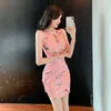 Casual Kleider Vestido Sexy Qipao Rosa Kurzes Kleid Traditionelle Chinesische Blumendruck Cheongsam Frauen Retro Nachtclub Party Cosplay Kostüme