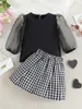 Conjuntos de roupas Criança Menina Princesa 2 Pcs Roupas Terno Malha Manga Longa Camisa Xadrez A-Line Saia Outono Outerwear