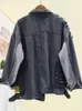 Kurtki damskie Vintage pełne aplikacje do pełnego rękawu Wzór spaper duży rozmiar czarnej kurtki dżinsowej Trend Trend Płaszcz 2023 Jesienne dżinsy