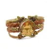 Bracciale rigido in vetro con personalità multistrato, bracciale in pelle marrone, gioielli, Savonnerie di Alphonse Mucha, per donna unisex