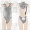 Perruques Cosplay Perruques Mignon Fille Gris Lapin Body Maillot De Bain Cosplay Femmes Sexy Fermeture Éclair Lingerie Lapin Roleplay À Capuche Dos Nu Hauts À Capuche