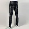 Мужские джинсы Уличная мода Мужчины Ретро Черный Серый Стрейч Slim Fit Рваные кожаные заплатки Дизайнерские хип-хоп Брендовые брюки Hombre