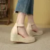 Sandals 7cm Wedge Shoes Ladies High Heels Straw Heel For Women Summer Beige