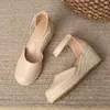 Sandals 7cm Wedge Shoes Ladies High Heels Straw Heel For Women Summer Beige